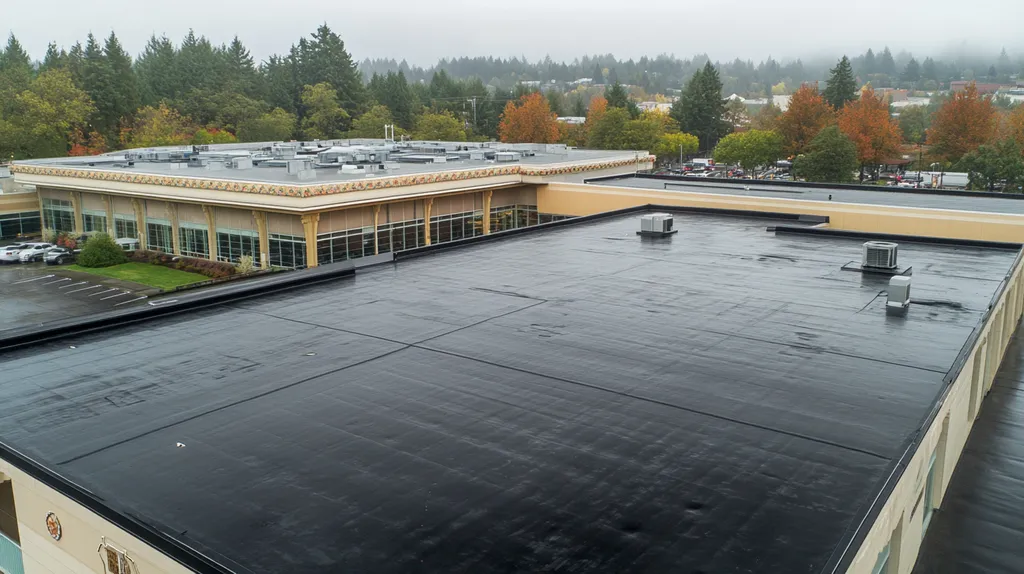 A commercial roof on a convention center in a location similar to Portland with a rainy day aesthetic (AI image)