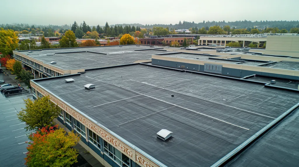 A commercial roof on a convention center in a location similar to Portland with a rainy day aesthetic (AI image)
