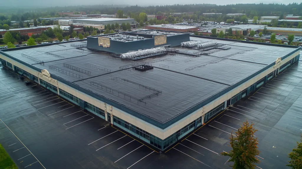 A commercial roof on a convention center in a location similar to Portland with a rainy day aesthetic (AI image)