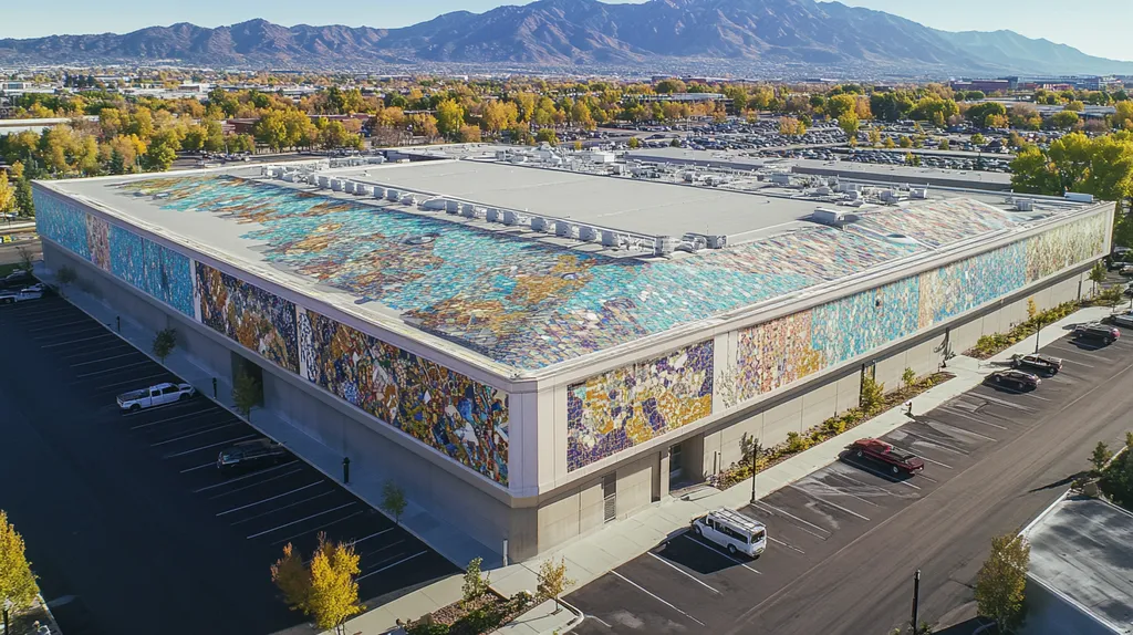 A commercial roof on a convention center in a location similar to Salt Lake City with a mosaic tile art aesthetic (AI image)