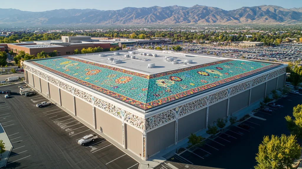 A commercial roof on a convention center in a location similar to Salt Lake City with a mosaic tile art aesthetic (AI image)