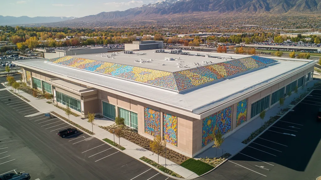 A commercial roof on a convention center in a location similar to Salt Lake City with a mosaic tile art aesthetic (AI image)