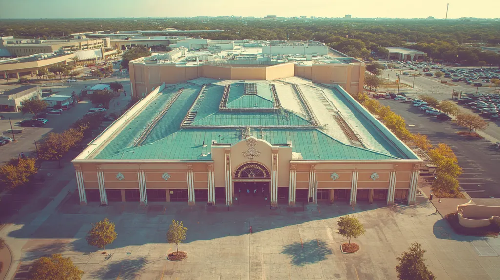 A commercial roof on a convention center in a location similar to San Antonio with a Polaroid aesthetic (AI image)