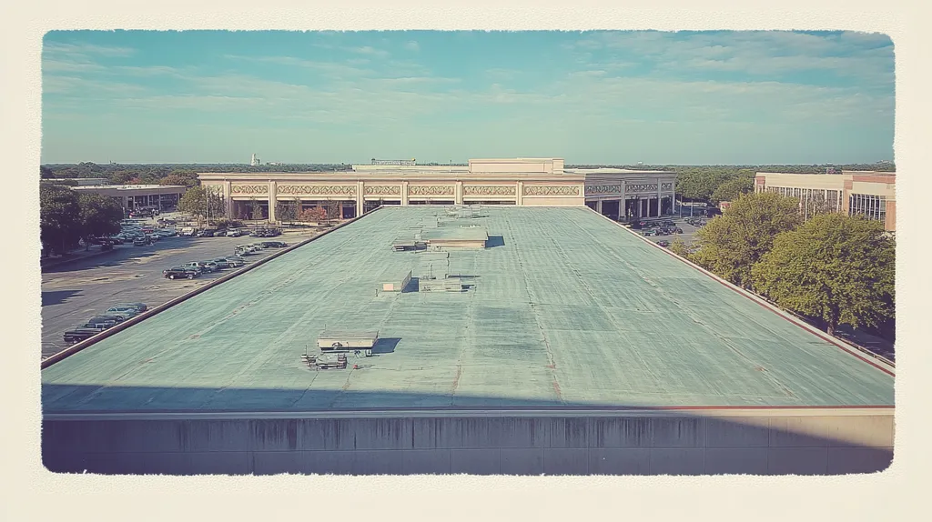 A commercial roof on a convention center in a location similar to San Antonio with a Polaroid aesthetic (AI image)
