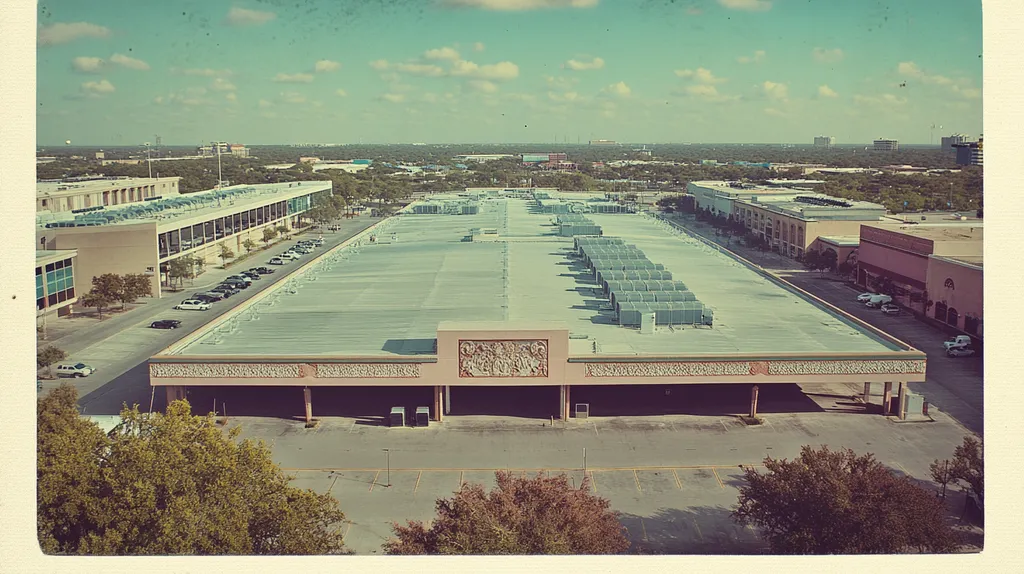 A commercial roof on a convention center in a location similar to San Antonio with a Polaroid aesthetic (AI image)