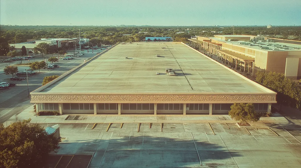 A commercial roof on a convention center in a location similar to San Antonio with a Polaroid aesthetic (AI image)
