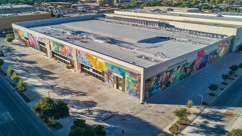 A commercial roof on a convention center in a location similar to San Antonio with a graffiti mural aesthetic (AI image)