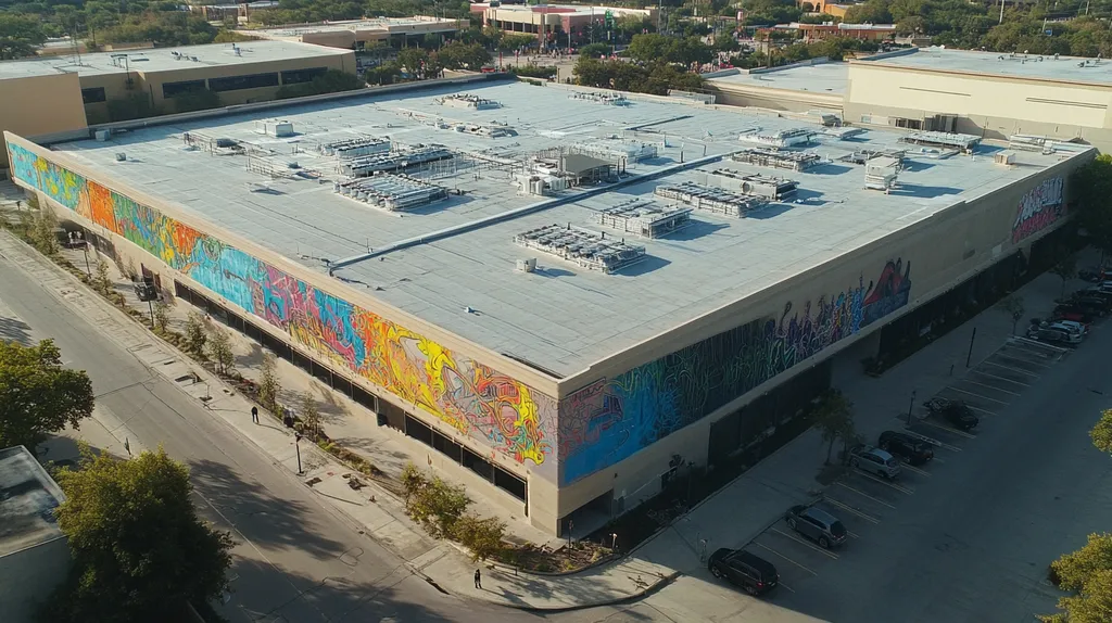 A commercial roof on a convention center in a location similar to San Antonio with a graffiti mural aesthetic (AI image)