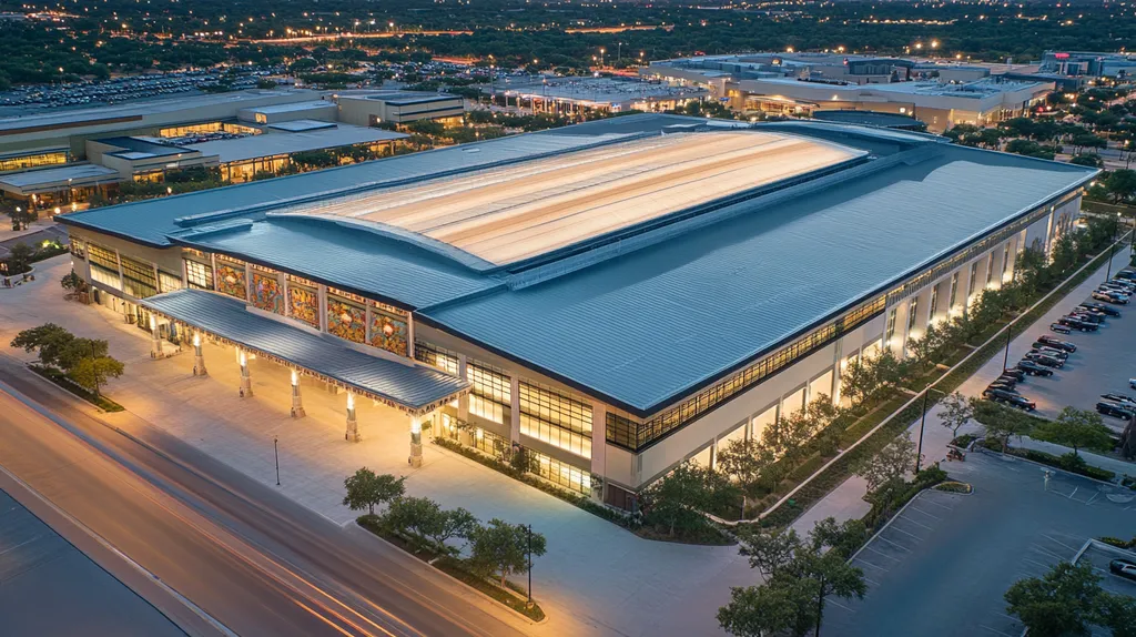 A commercial roof on a convention center in a location similar to San Antonio with an illuminated nightscape aesthetic (AI image)