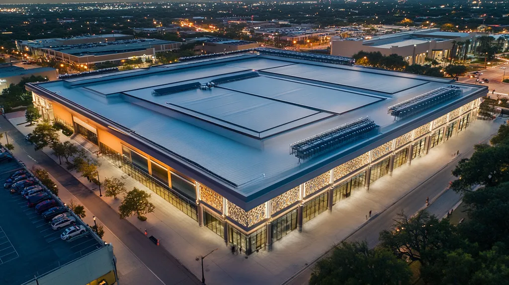 A commercial roof on a convention center in a location similar to San Antonio with an illuminated nightscape aesthetic (AI image)