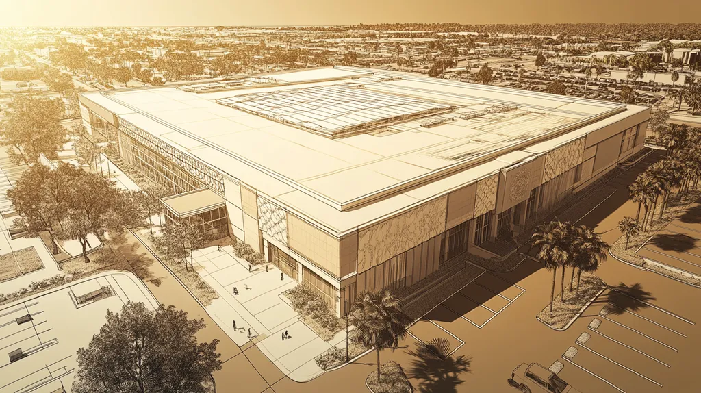 A commercial roof on a convention center in a location similar to San Diego with an architectural sketch rendering aesthetic (AI image)