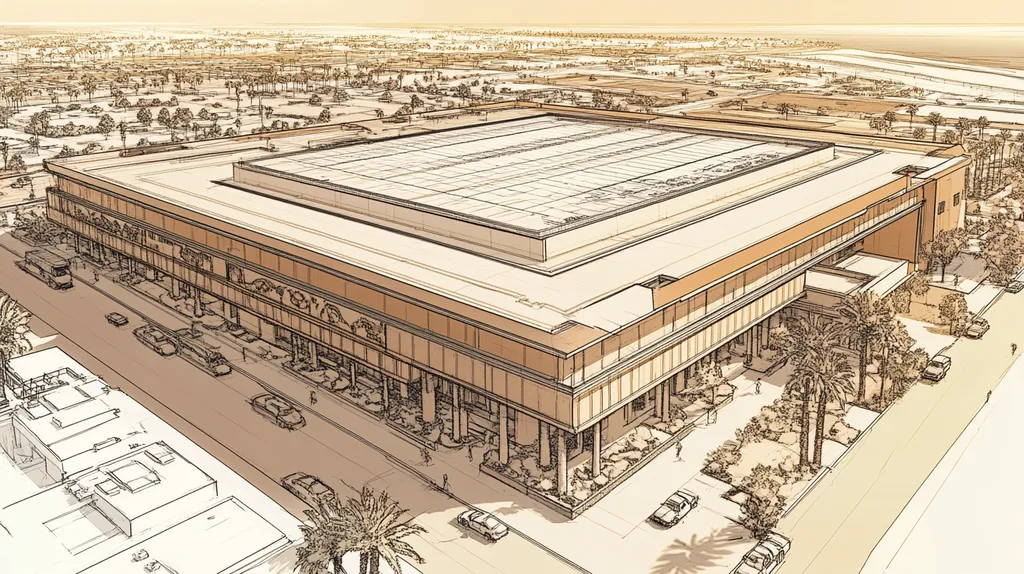 A commercial roof on a convention center in a location similar to San Diego with an architectural sketch rendering aesthetic (AI image)
