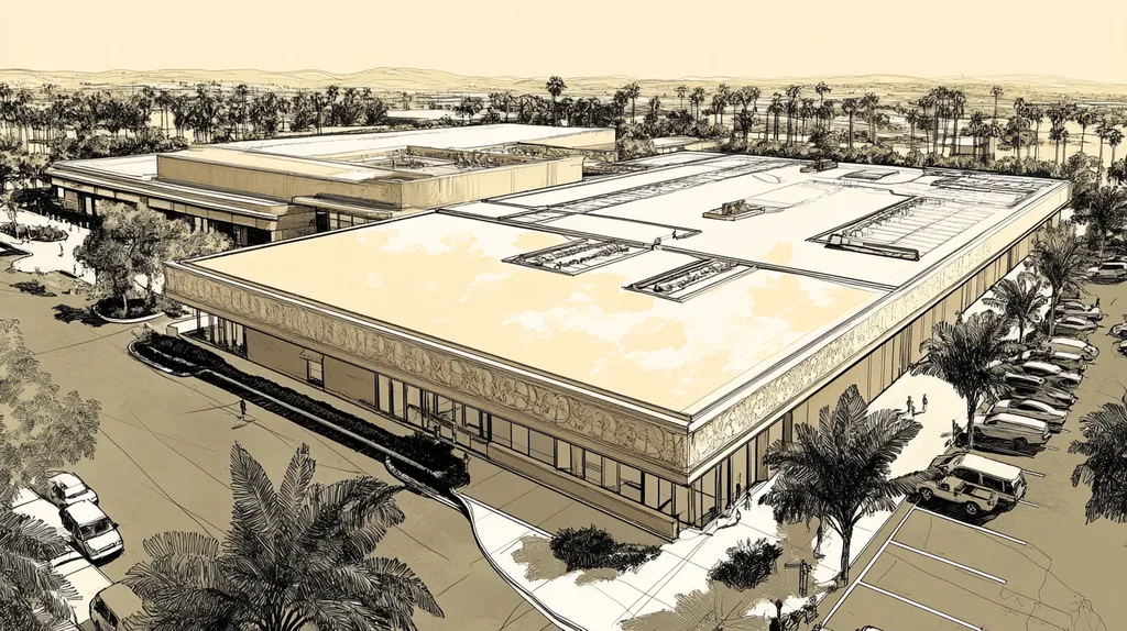 A commercial roof on a convention center in a location similar to San Diego with an architectural sketch rendering aesthetic (AI image)