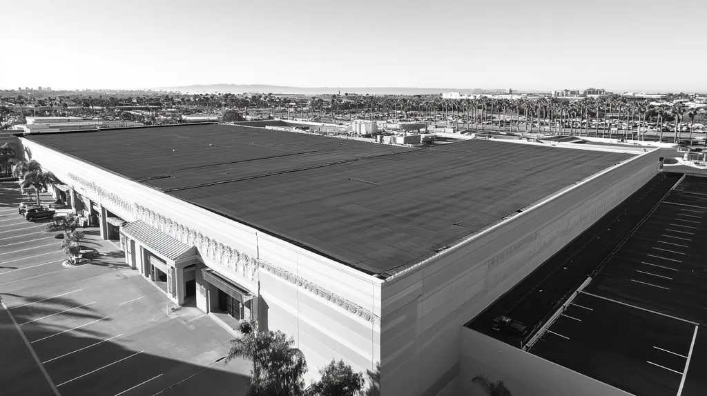 A commercial roof on a convention center in a location similar to San Diego with a black and white photography aesthetic (AI image)