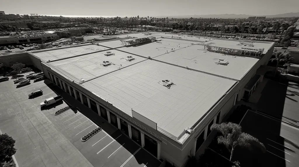 A commercial roof on a convention center in a location similar to San Diego with a black and white photography aesthetic (AI image)