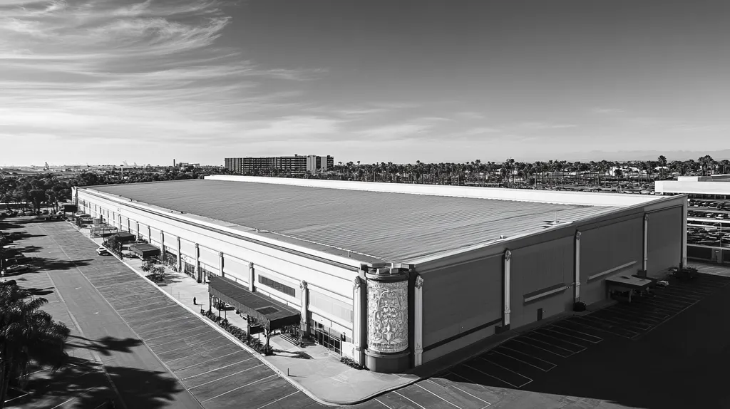 A commercial roof on a convention center in a location similar to San Diego with a black and white photography aesthetic (AI image)