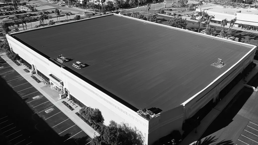 A commercial roof on a convention center in a location similar to San Diego with a black and white photography aesthetic (AI image)