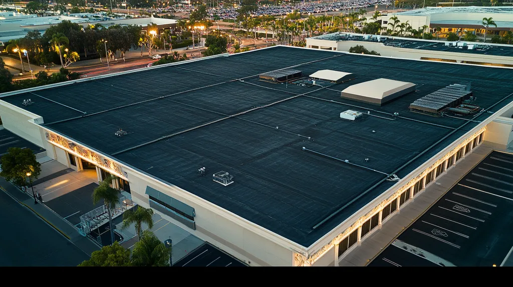 A commercial roof on a convention center in a location similar to San Diego with an illuminated nightscape aesthetic (AI image)