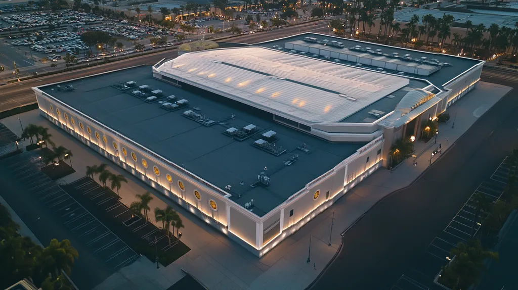 A commercial roof on a convention center in a location similar to San Diego with an illuminated nightscape aesthetic (AI image)