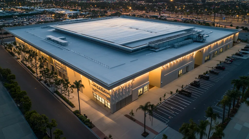 A commercial roof on a convention center in a location similar to San Diego with an illuminated nightscape aesthetic (AI image)
