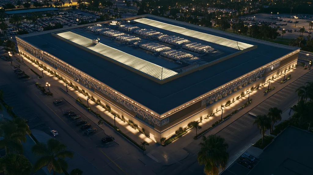 A commercial roof on a convention center in a location similar to San Diego with an illuminated nightscape aesthetic (AI image)