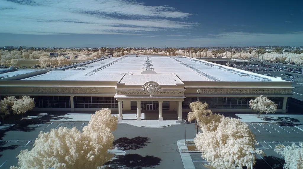 A commercial roof on a convention center in a location similar to San Diego with an infrared photography aesthetic (AI image)
