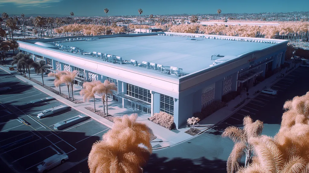 A commercial roof on a convention center in a location similar to San Diego with an infrared photography aesthetic (AI image)