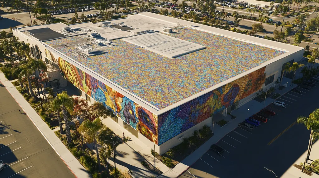 A commercial roof on a convention center in a location similar to San Diego with a mosaic tile art aesthetic (AI image)