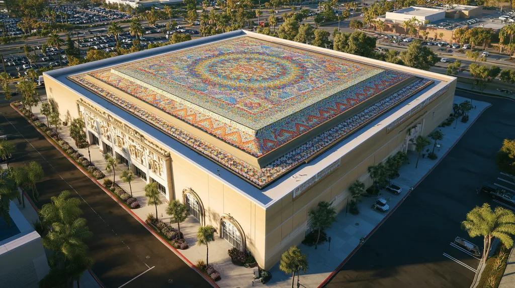 A commercial roof on a convention center in a location similar to San Diego with a mosaic tile art aesthetic (AI image)