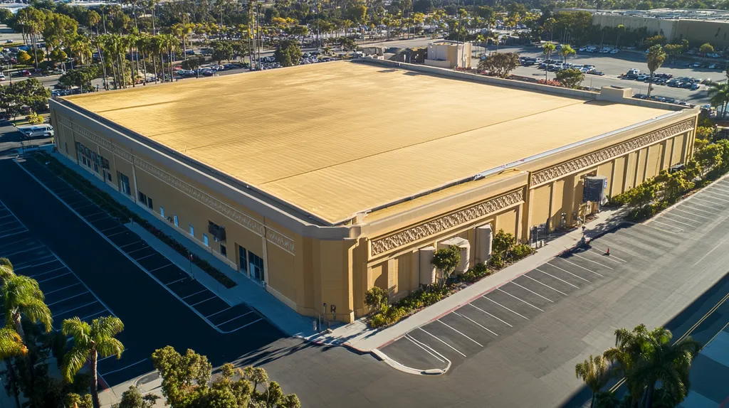 A commercial roof on a convention center in a location similar to San Diego with a solid gold aesthetic (AI image)