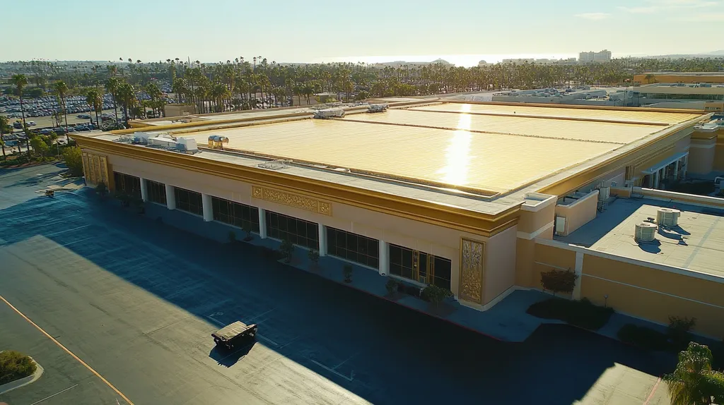 A commercial roof on a convention center in a location similar to San Diego with a solid gold aesthetic (AI image)