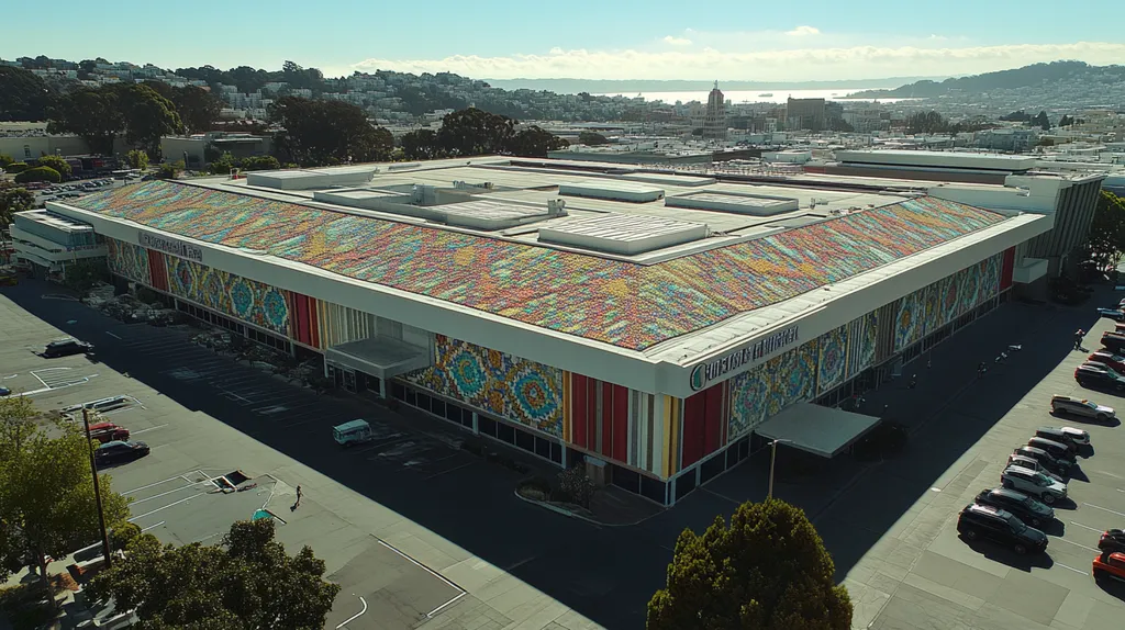 A commercial roof on a convention center in a location similar to San Francisco with a mosaic tile art aesthetic (AI image)