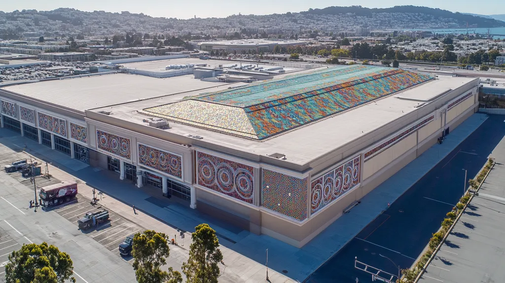 A commercial roof on a convention center in a location similar to San Francisco with a mosaic tile art aesthetic (AI image)