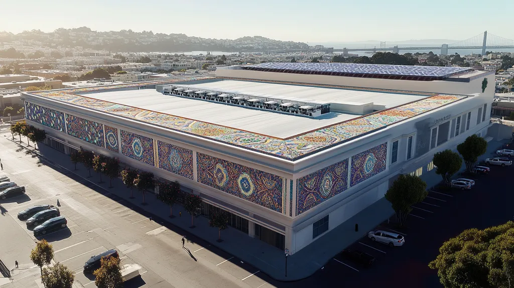 A commercial roof on a convention center in a location similar to San Francisco with a mosaic tile art aesthetic (AI image)
