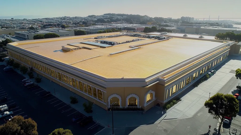 A commercial roof on a convention center in a location similar to San Francisco with a solid gold aesthetic (AI image)