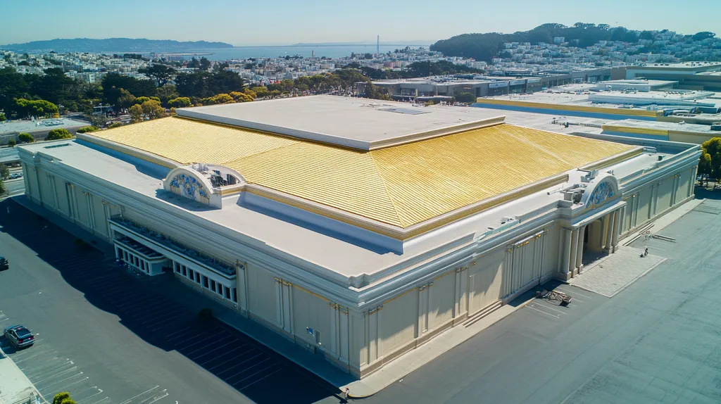 A commercial roof on a convention center in a location similar to San Francisco with a solid gold aesthetic (AI image)