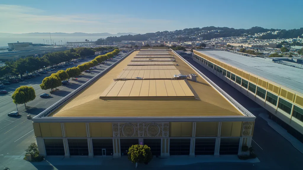 A commercial roof on a convention center in a location similar to San Francisco with a solid gold aesthetic (AI image)