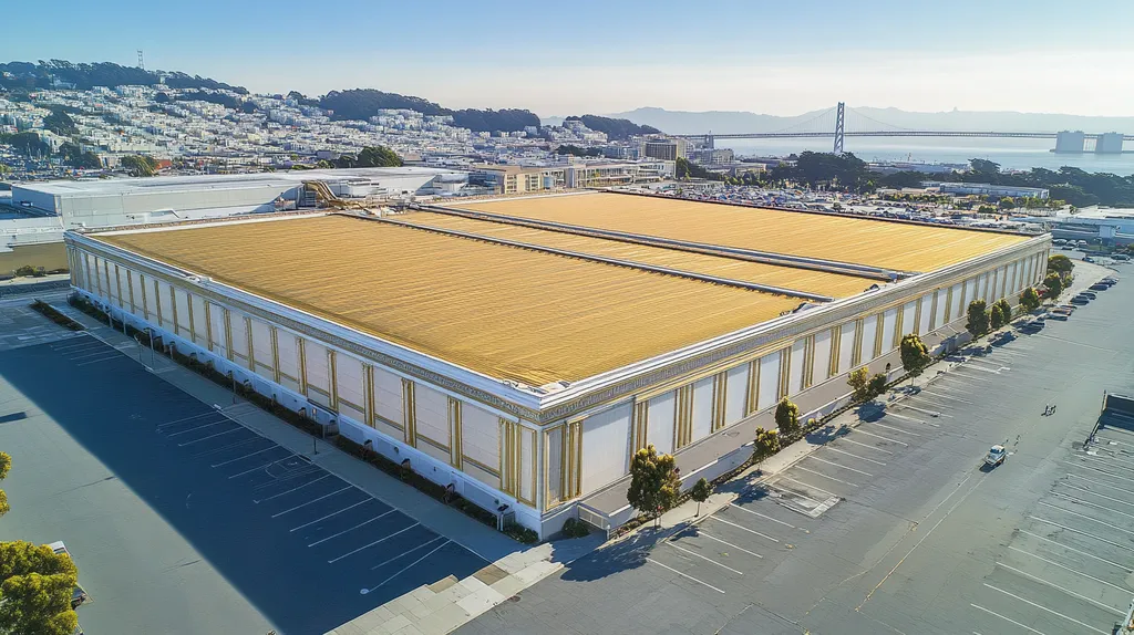 A commercial roof on a convention center in a location similar to San Francisco with a solid gold aesthetic (AI image)