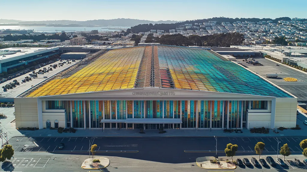 A commercial roof on a convention center in a location similar to San Francisco with a stained glass style aesthetic (AI image)