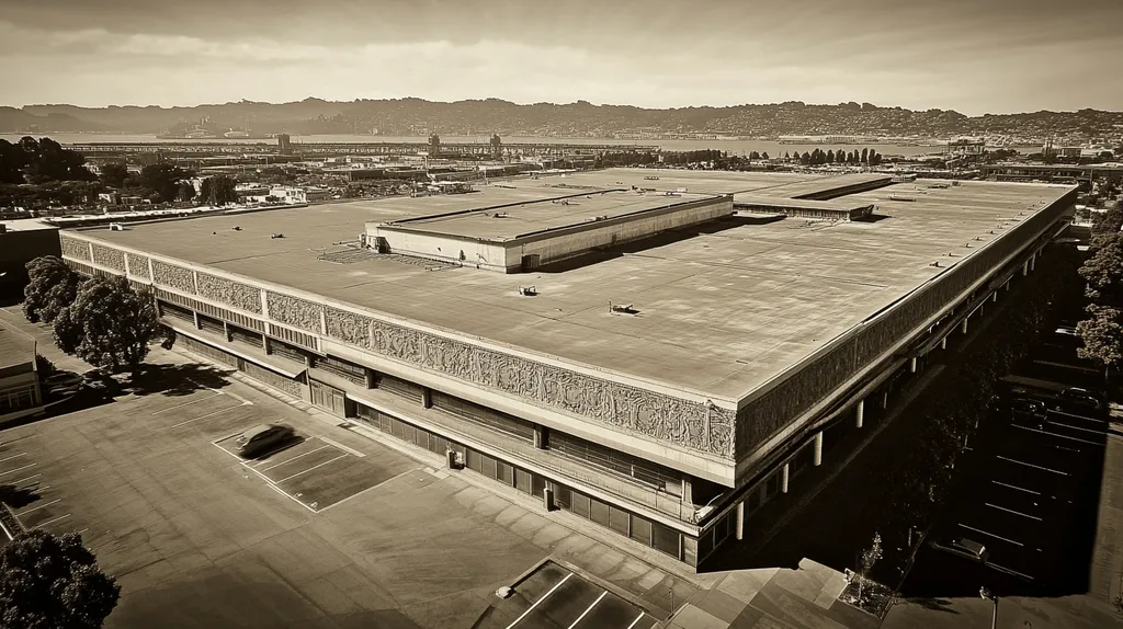 A commercial roof on a convention center in a location similar to San Francisco with a tintype aesthetic (AI image)