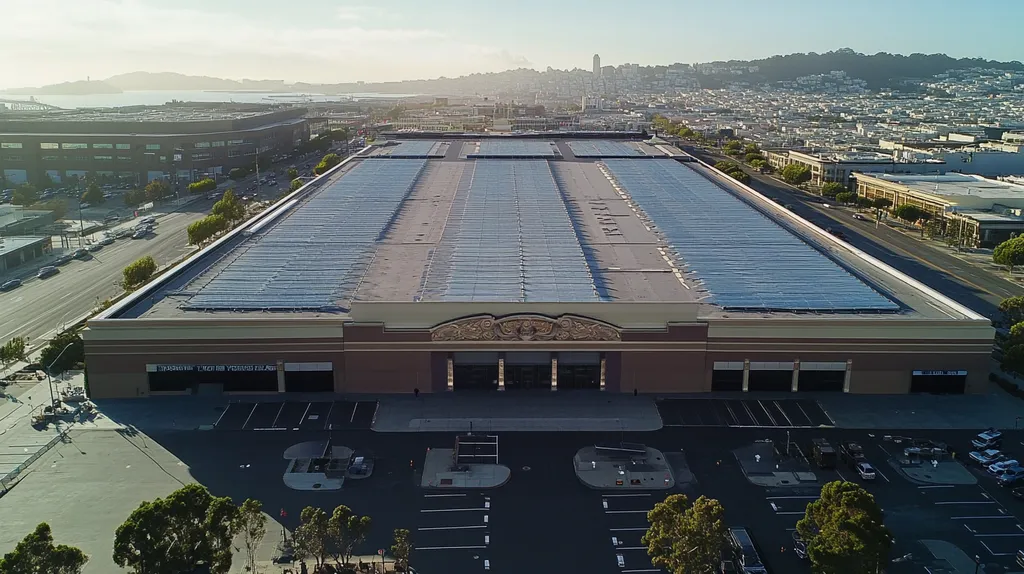 A commercial roof on a convention center in a location similar to San Francisco with an urban context aesthetic (AI image)