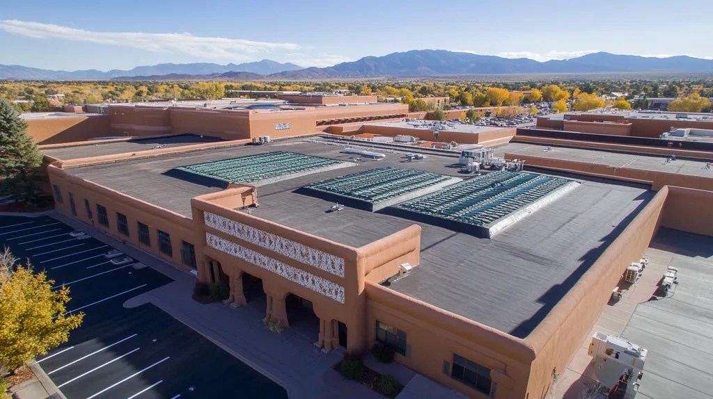 A commercial roof on a convention center in a location similar to Santa Fe with a color highlight aesthetic (AI image)