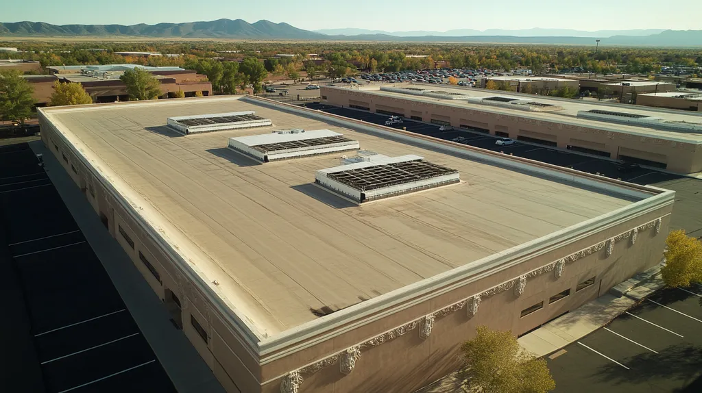 A commercial roof on a convention center in a location similar to Santa Fe with a futuristic aesthetic (AI image)