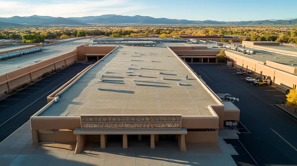 A commercial roof on a convention center in a location similar to Santa Fe with a futuristic aesthetic (AI image)