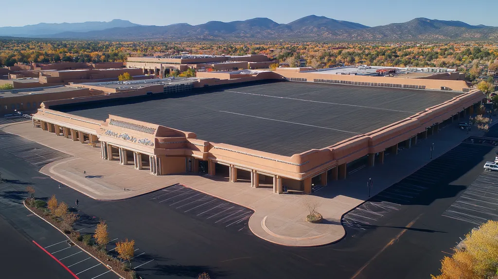 A commercial roof on a convention center in a location similar to Santa Fe with a futuristic aesthetic (AI image)