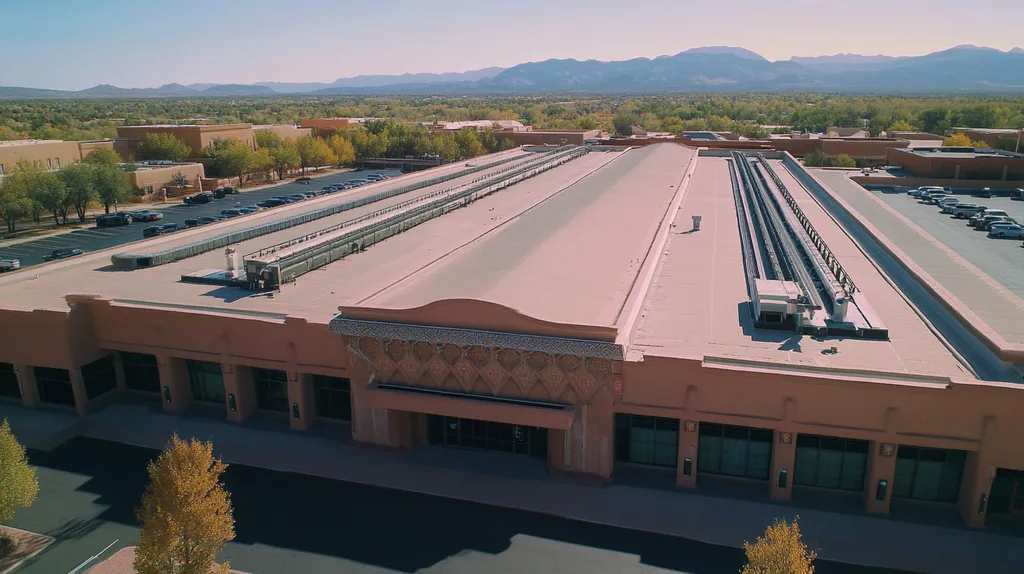 A commercial roof on a convention center in a location similar to Santa Fe with a futuristic aesthetic (AI image)