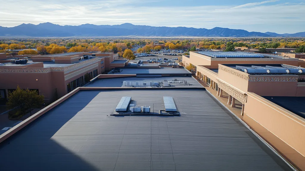 A commercial roof on a convention center in a location similar to Santa Fe with an urban context aesthetic (AI image)