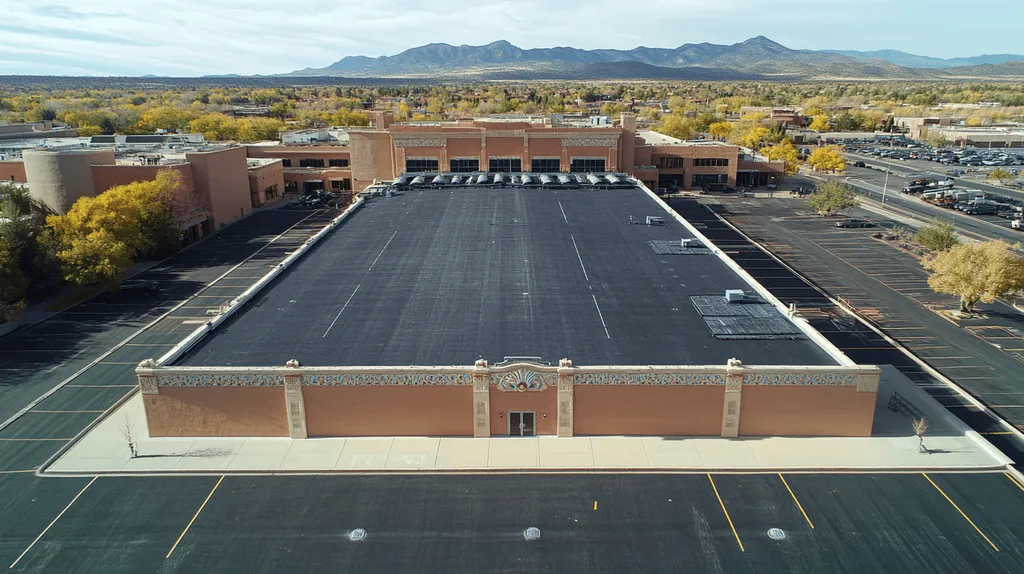 A commercial roof on a convention center in a location similar to Santa Fe with an urban context aesthetic (AI image)