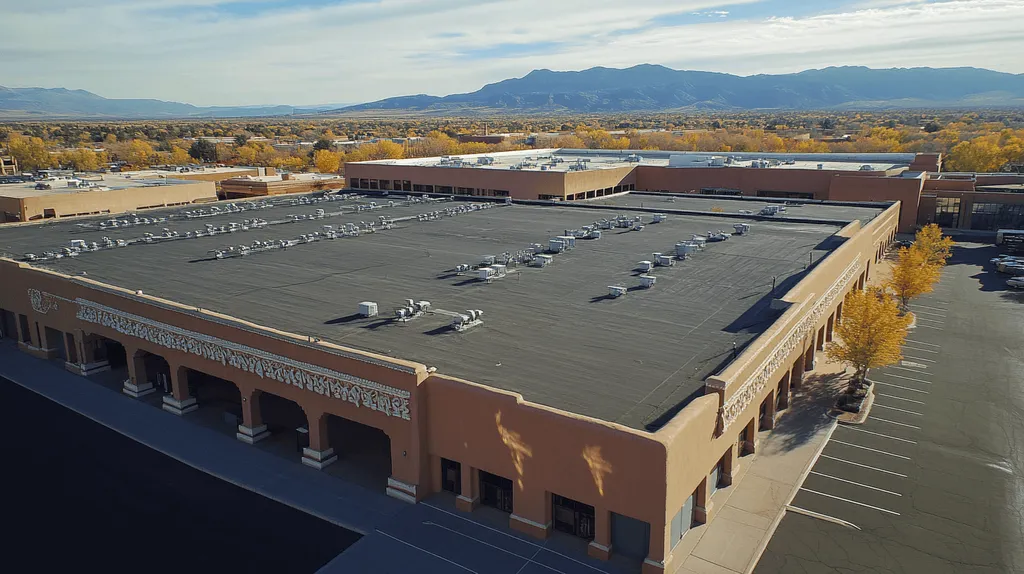 A commercial roof on a convention center in a location similar to Santa Fe with an urban context aesthetic (AI image)