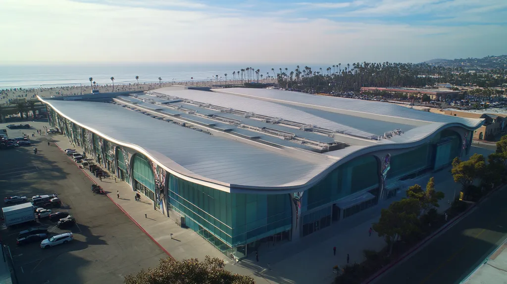 A commercial roof on a convention center in a location similar to Santa Monica with a futuristic aesthetic (AI image)